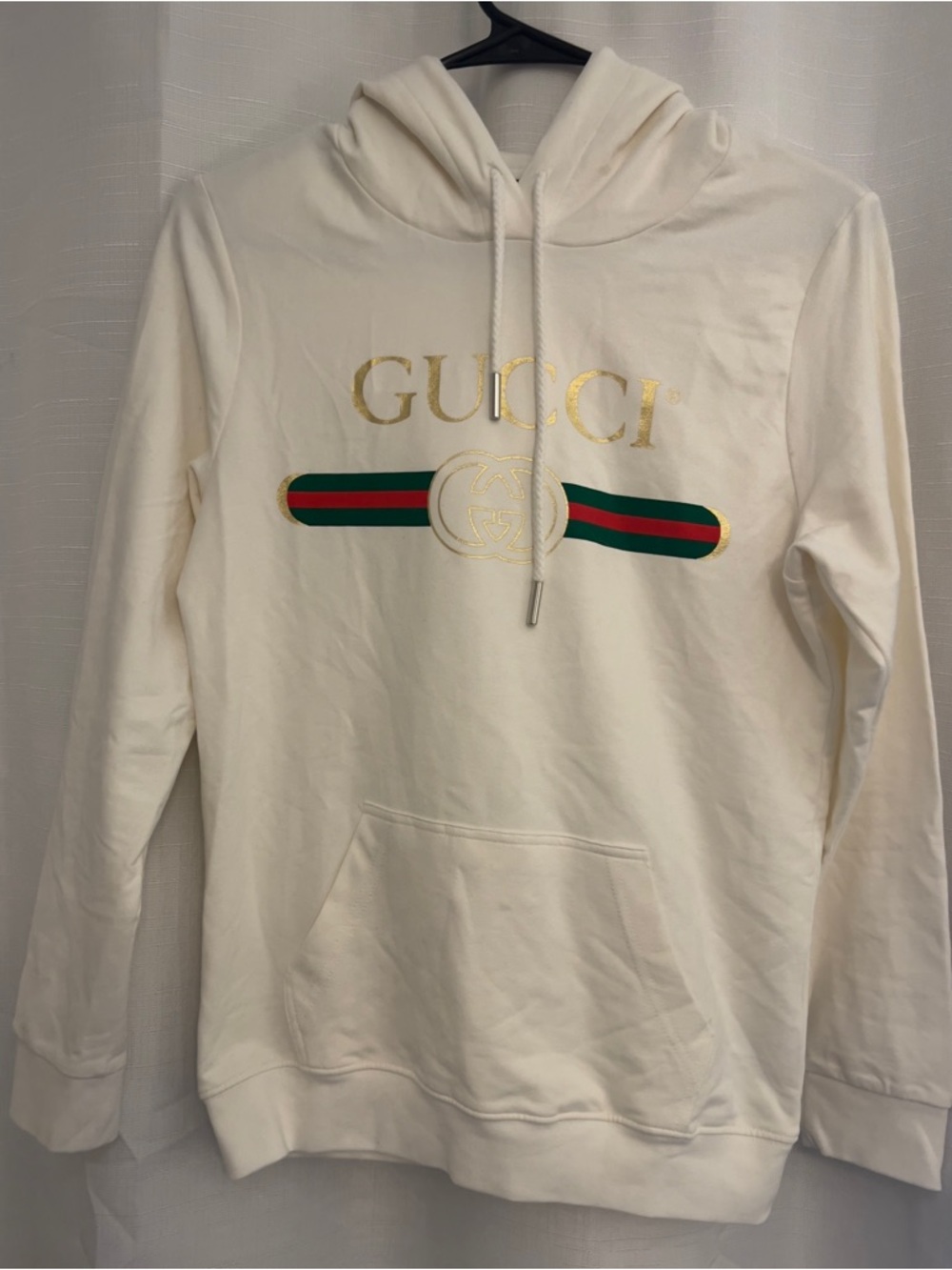 GUCCI Authentic Cream Hoodie with Green-Red Stripe Gold Trim - Womens Size Small